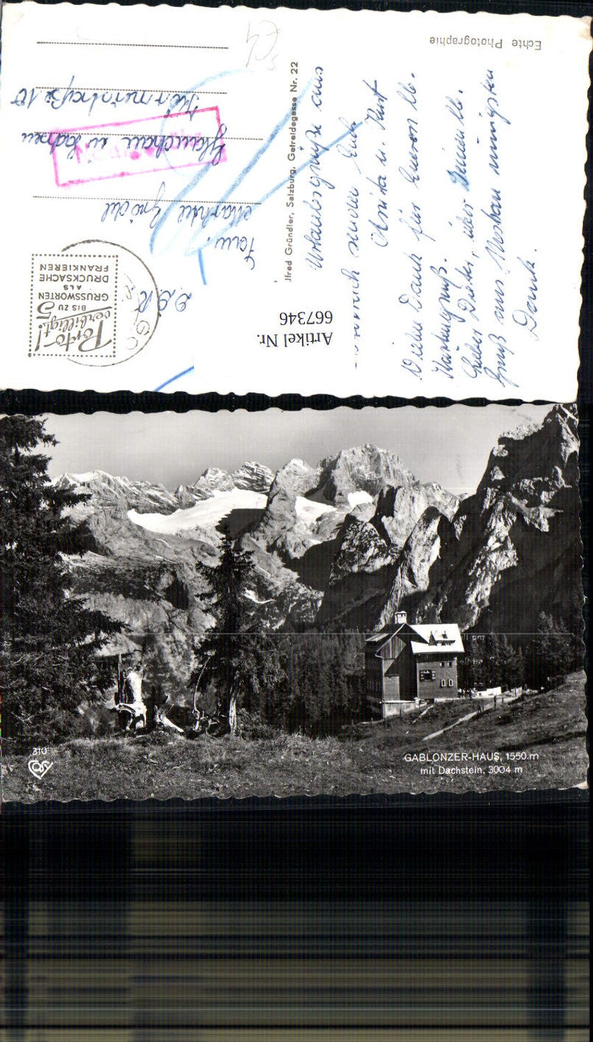 667346,Foto Ak Gablonzer-Hütte Gosau mit Dachstein Stempel Nachgebühr