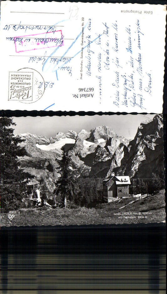 667346,Foto Ak Gablonzer-Hütte Gosau mit Dachstein Stempel Nachgebühr