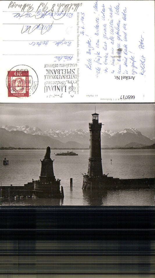 669717,Foto Ak Lindau a. Bodensee Blick auf Hafen Leuchtturm Löwendenkmal Schiff Dampfer