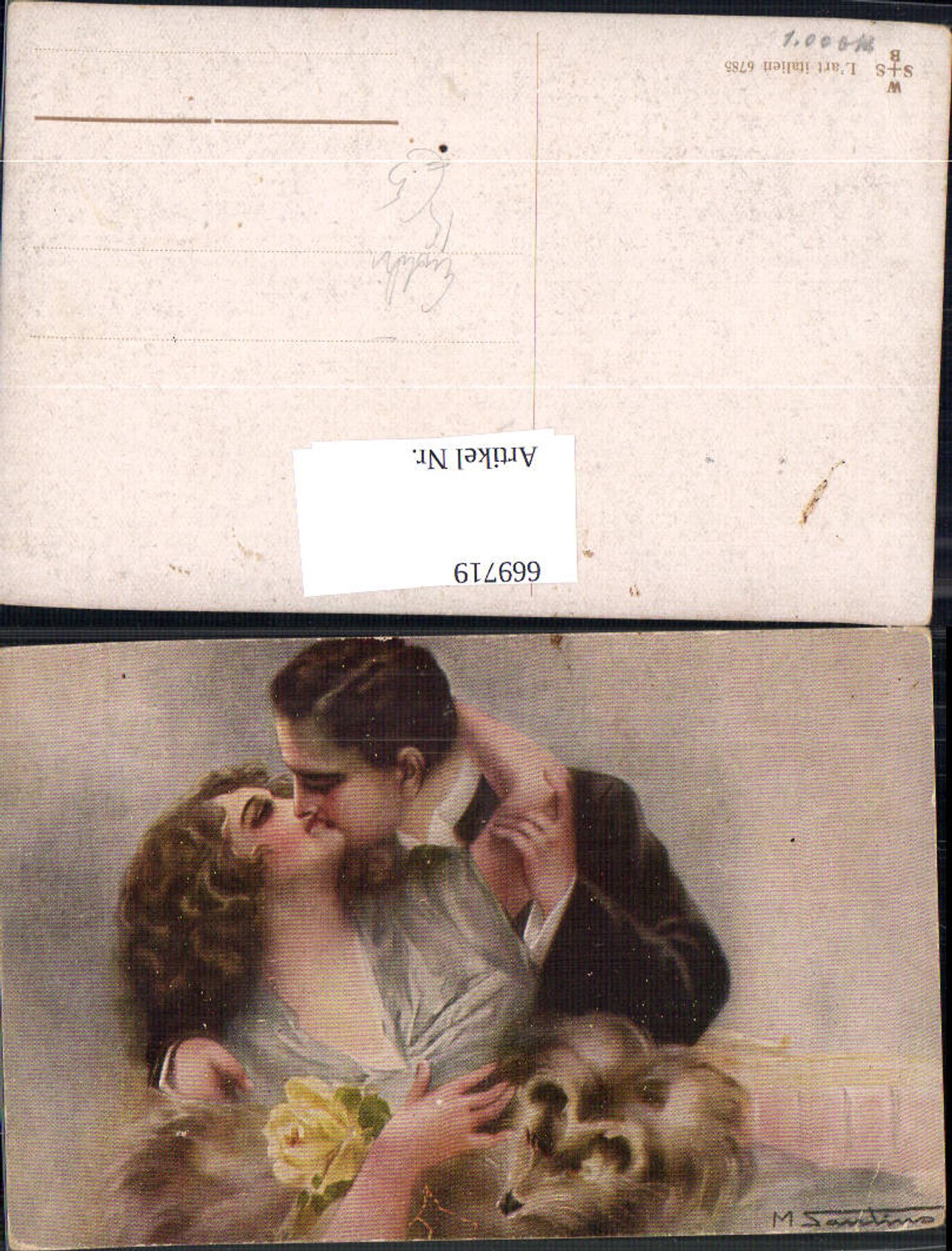 669719,Künstler Ak M. Santins Paar Kuss Liebe Erotik Rose Hund