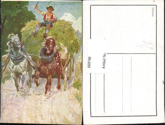 669748,Künstler Ak Heuernte Mann Pferdefuhrwerk Landwirtschaft Ernte