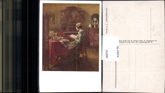 669751,Künstler Ak K. M. Schuster Sonntagsmorgen Frau Lesen Zeitung Interieur