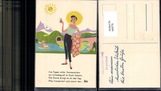 669770,Künstler Ak Frau Urlaub Text Spruch Reklame Neufelder See Strandbad