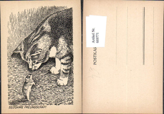 669771,Künstler Ak Seltsame Freundschaft Maus u. Katze Tiere