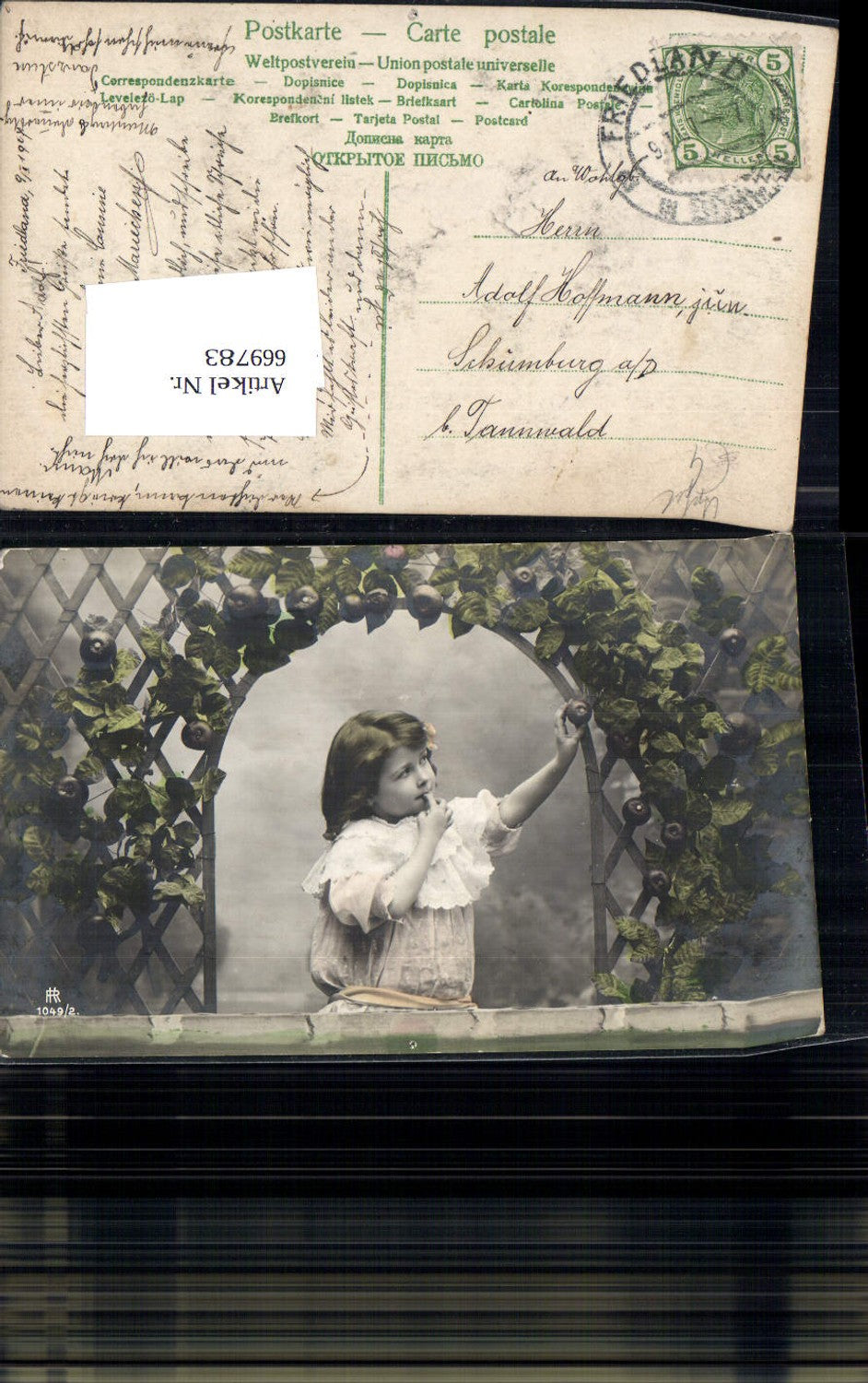 669783,Mädchen Kind Lockenkopf Kleid mit Rankgitter Apfel Pflanze