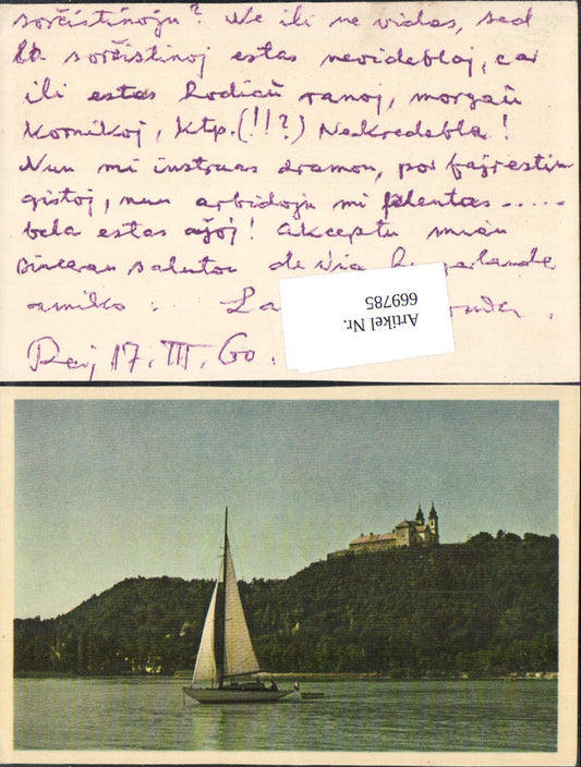 669785,Segelboot Boot Schiff vor Kirche Kloster Ufer Landschaft