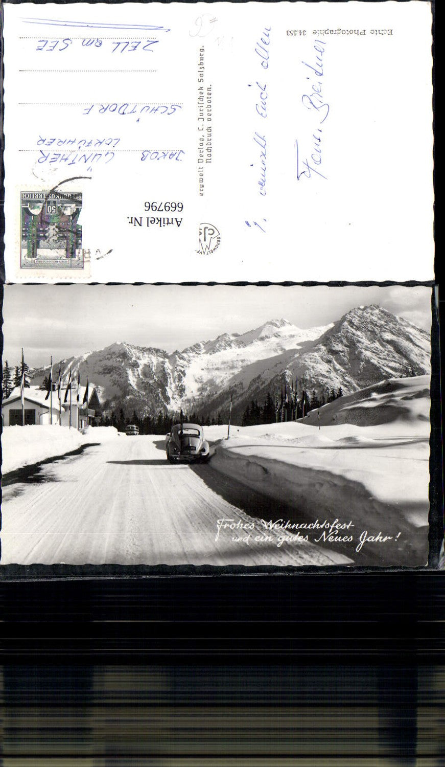 669796,Foto Ak Winterlandschaft Straße VW Käfer Bus Weihnachten Neujahr