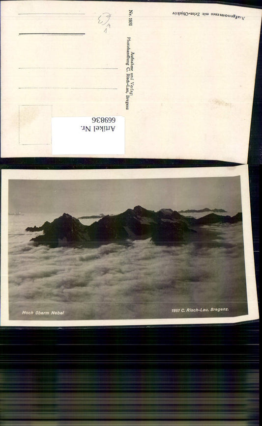 669836,Foto Ak Hoch überm Nebel Berglandschaft Wolken pub Risch-Lau 1951