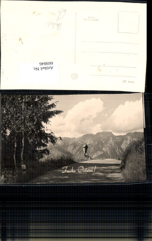 669846,Foto Ak Wegkreuz Birken Bergstraße vor Bergkulisse Ostern