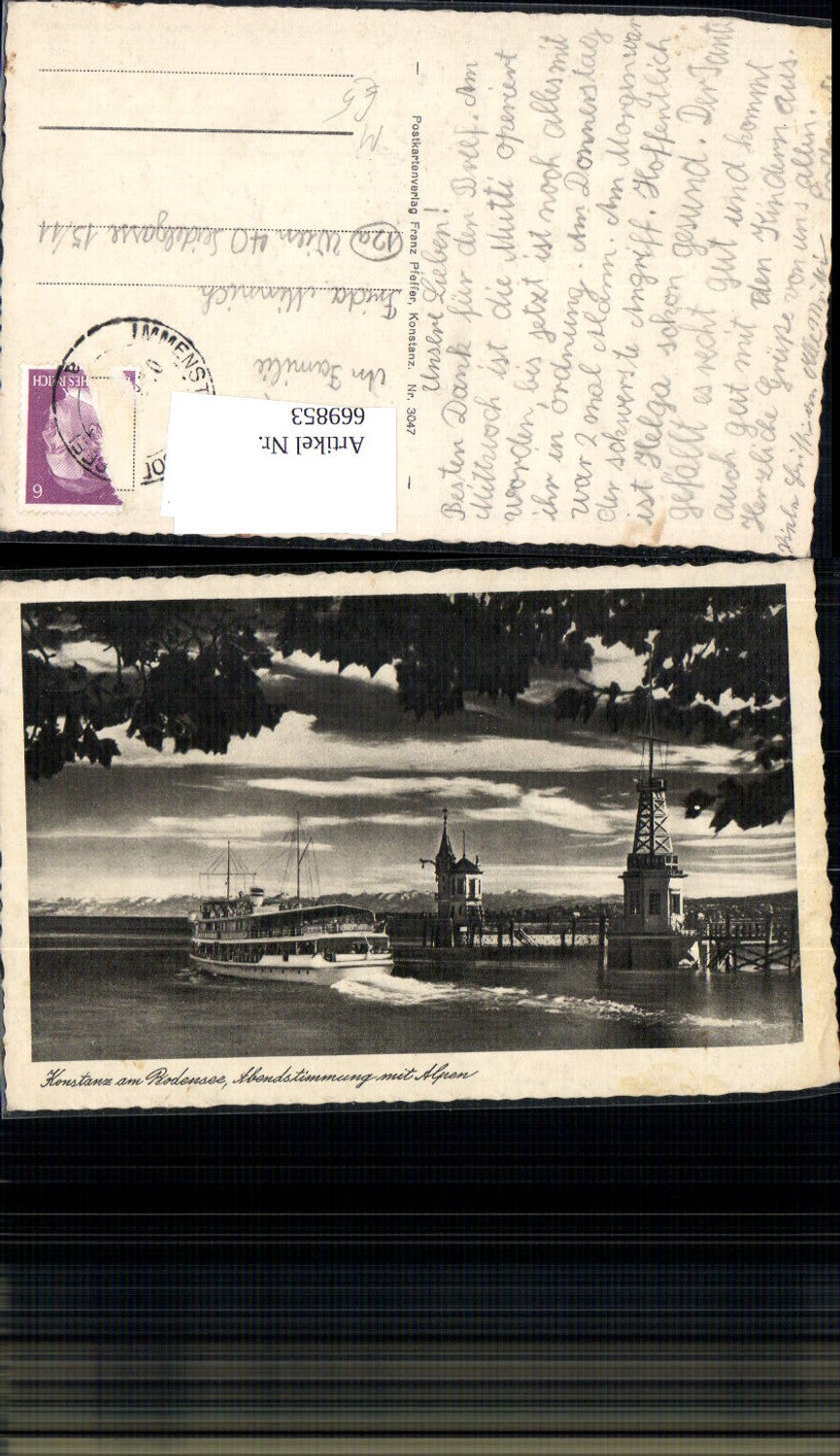 669853,Konstanz a. Bodensee Abendstimmung mit Alpen Schiff Dampfer Leuchtturm