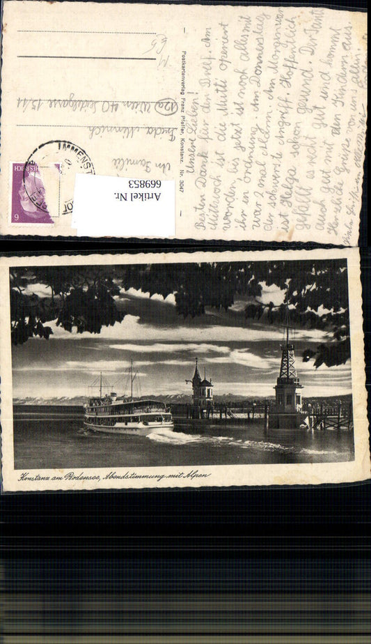 669853,Konstanz a. Bodensee Abendstimmung mit Alpen Schiff Dampfer Leuchtturm