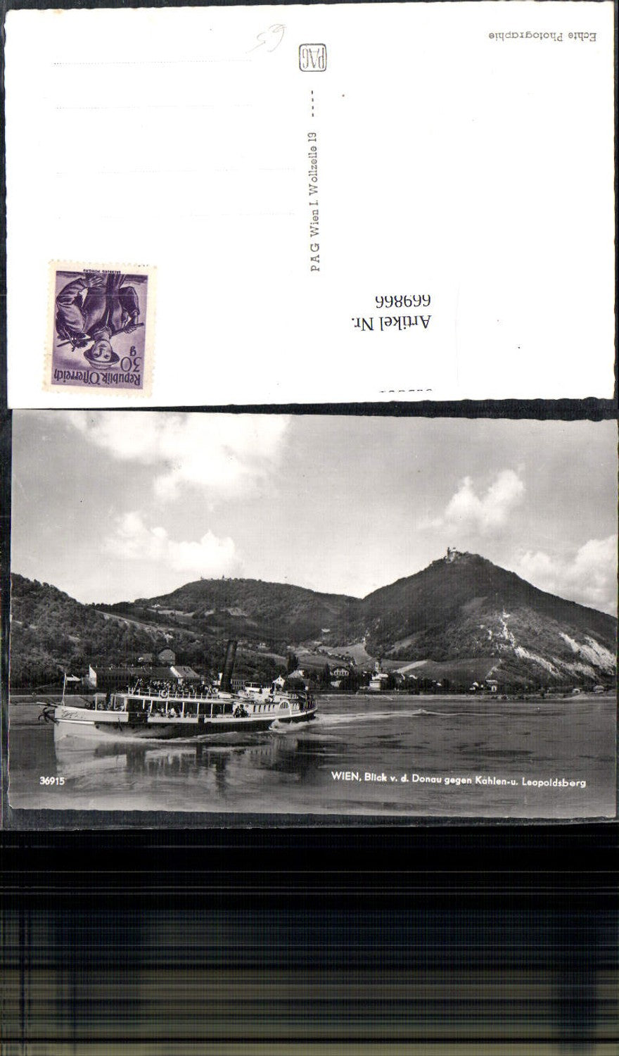 669866,Foto Ak Wien Vienna Blick Kahlen- u. Leopoldsberg Schiff Dampfer Binnenschiff