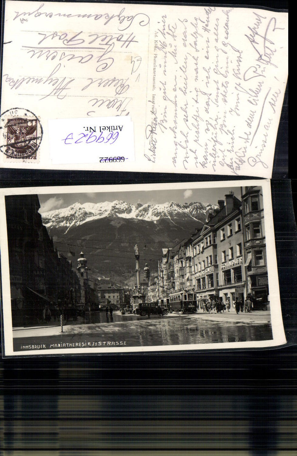 669927,Foto Ak Innsbruck Maria Theresienstraße Straßenbahn Auto pub Ad. Künz