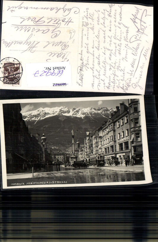 669927,Foto Ak Innsbruck Maria Theresienstraße Straßenbahn Auto pub Ad. Künz