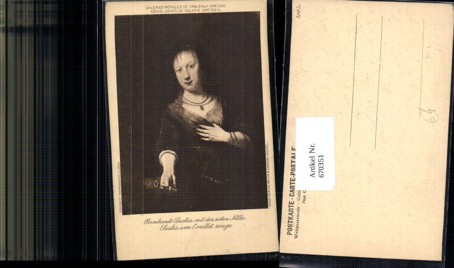 670351,Künstler Ak Rembrandt Saskia mit der roten Nelke Blume Portrait Frau