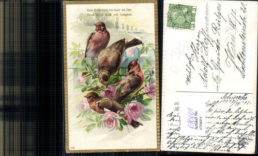 670601,Präge Litho Rosa Rose Vögel Spruch Gruß voll Innigkeit