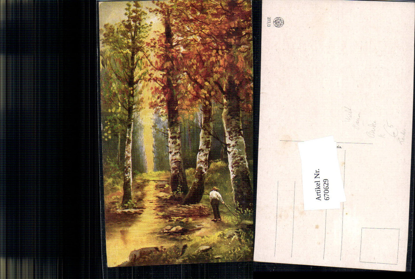 670629,Künstler Ak Wald Bäume Birke Landschaft Mann b. Holz Reißig sammeln Landwirtschaft