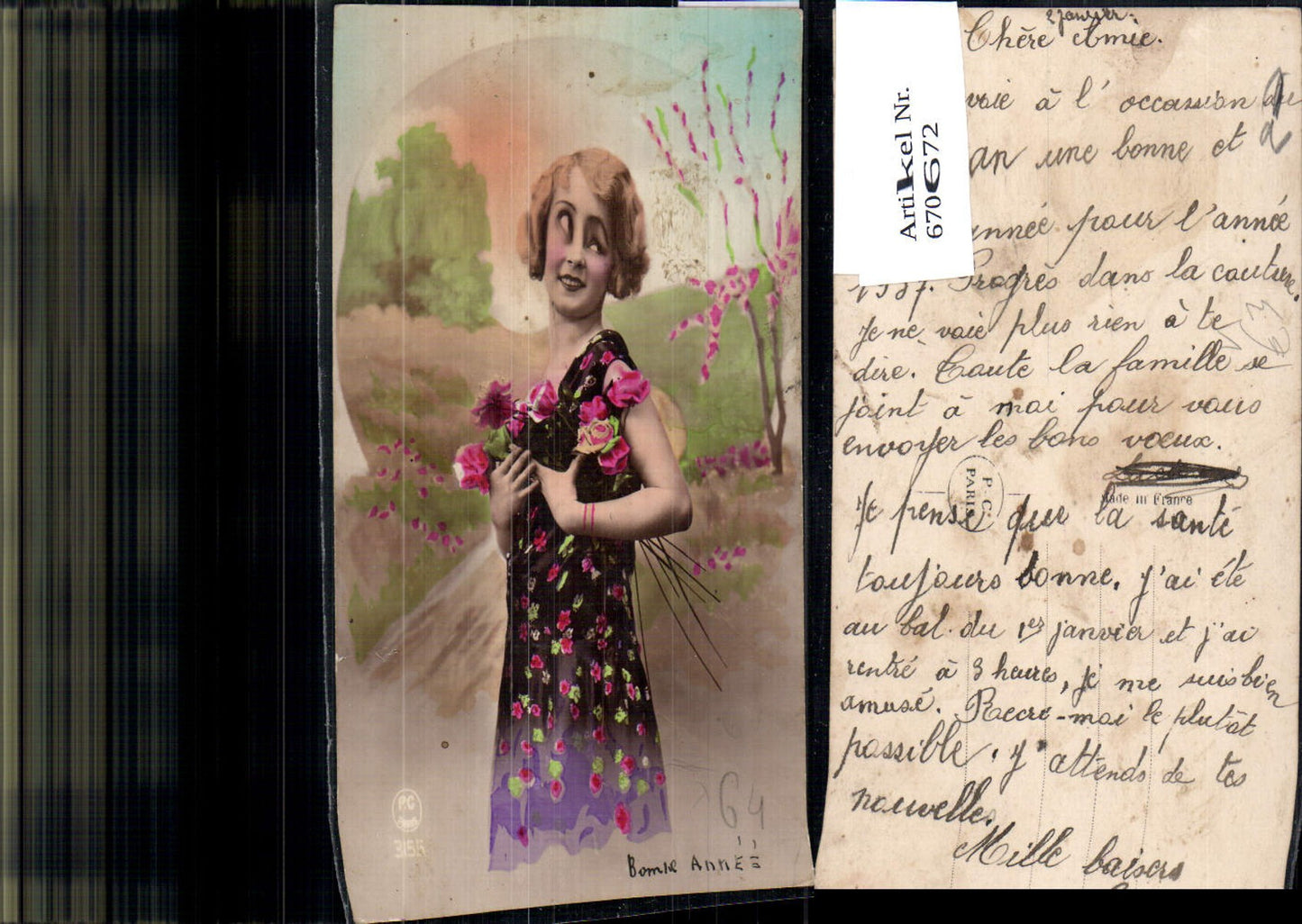 670672,Frau Kleid mit Rosen Blumen pub P. C. Paris 3155