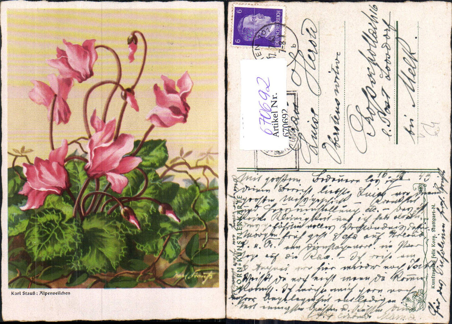 670692,Künstler Ak Karl Stauß Alpenveilchen Blumen pub Felix Korn