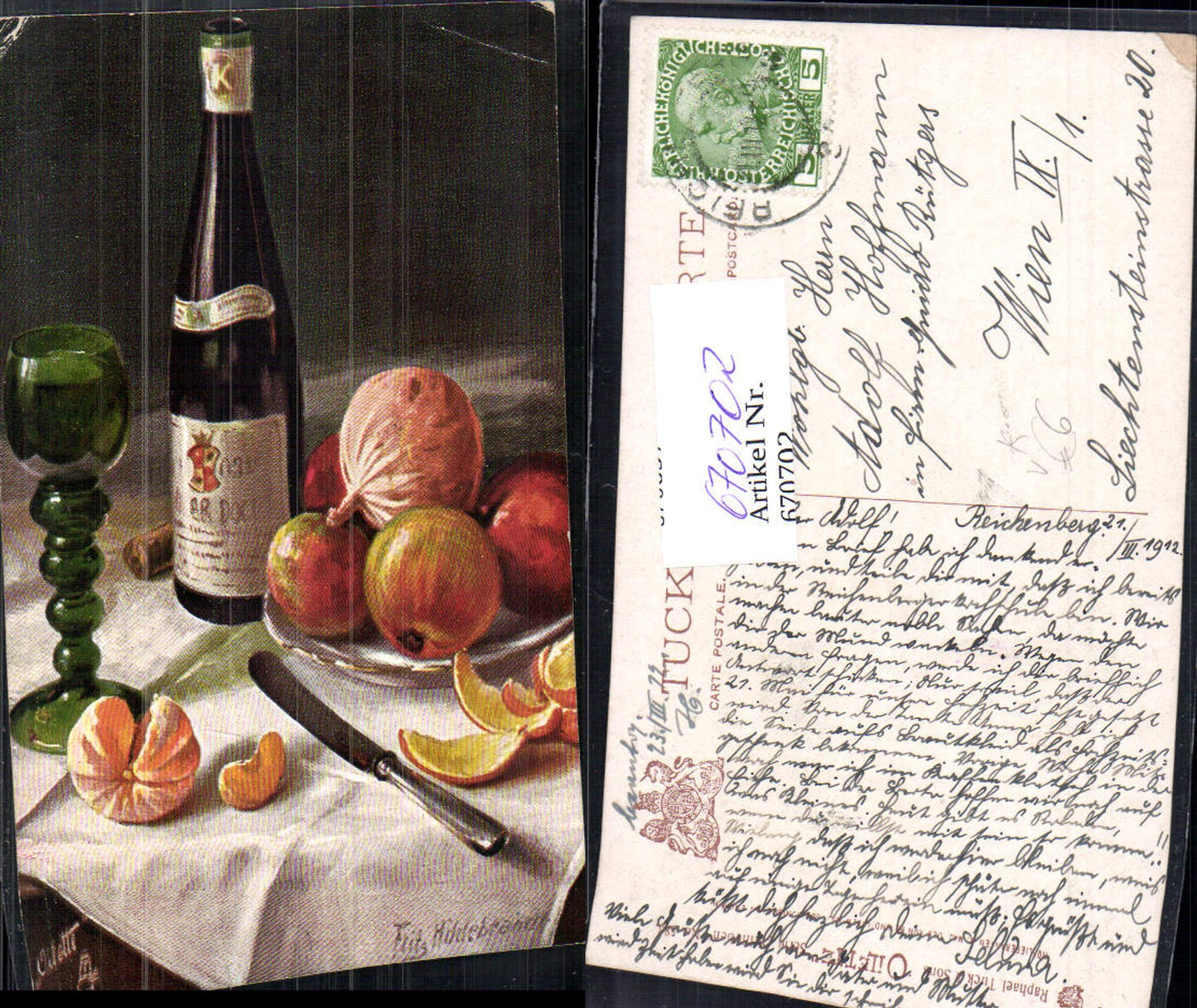 670702,Künstler Ak Stillleben Fritz Hildebrandt Wein Orangen Obst Glas Messer pub Tuck Son 583