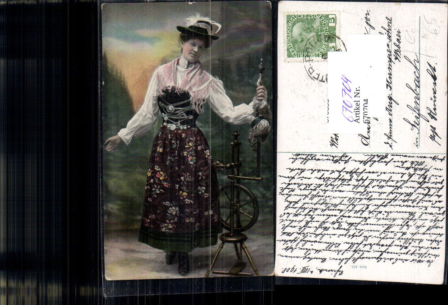 670704,Frau mit Tracht Spinnrad Hut Stempel Seifenbach