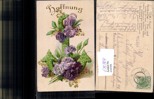 670709,Litho Anker aus Blumen Nelken Prägeschrift Gold Hoffnung