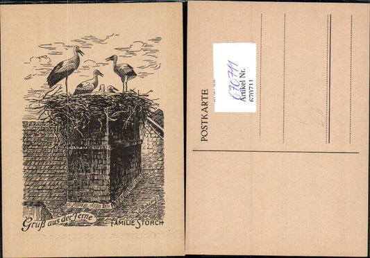 670711,Künstler Ak Lohninger Familie Storch Gruß a. d. Ferne Storch Störche auf Schornstein