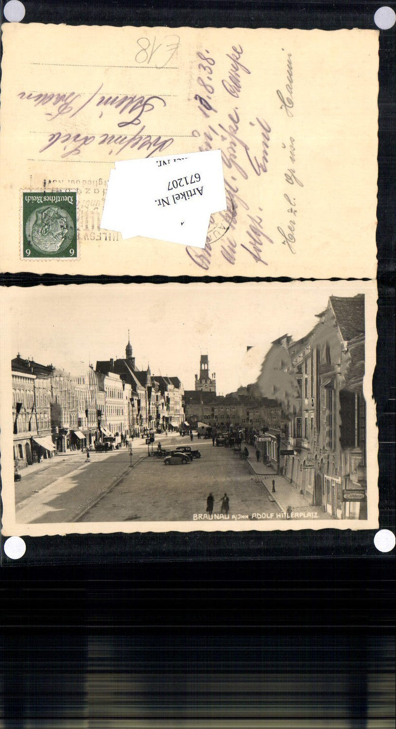 671207,Foto-AK Braunau am Inn Adolf Hitler Platz beflaggt  Fahnen
