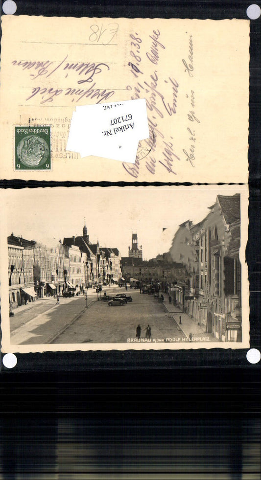 671207,Foto-AK Braunau am Inn Adolf Hitler Platz beflaggt  Fahnen