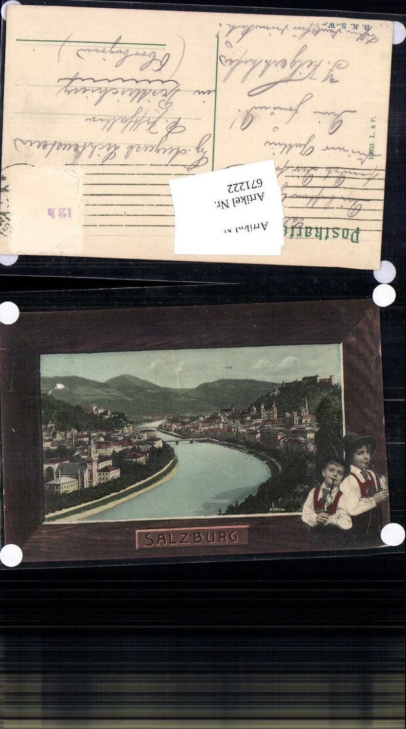 671222,Schmuck Lithographie AK Salzburg Trachten Tracht Kinder Pfeife Passepartout