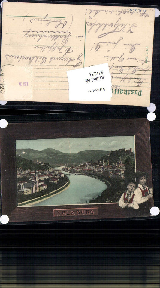 671222,Schmuck Lithographie AK Salzburg Trachten Tracht Kinder Pfeife Passepartout