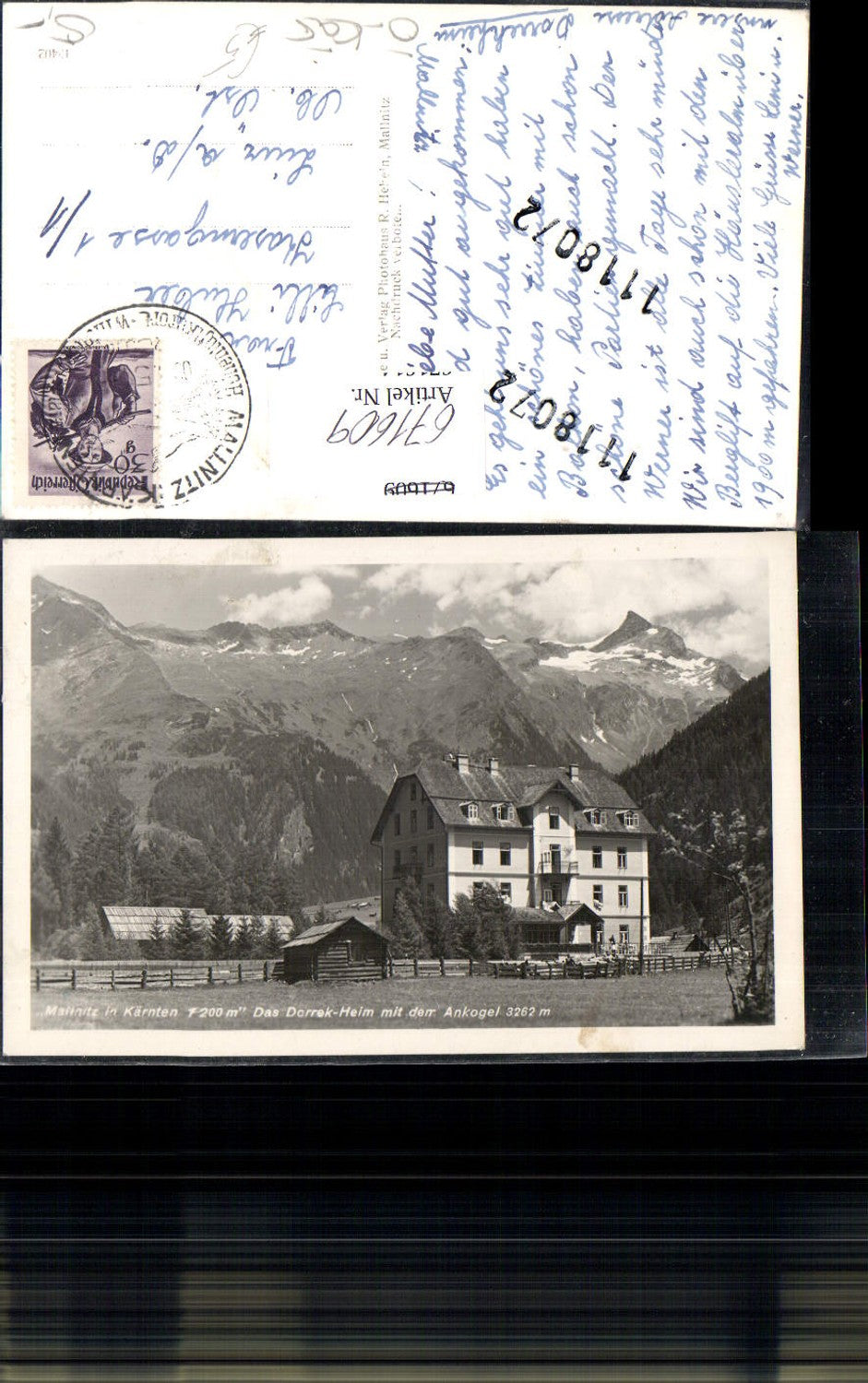 671609,Foto Ak Mallnitz Dorrek-Heim mit dem Ankogel