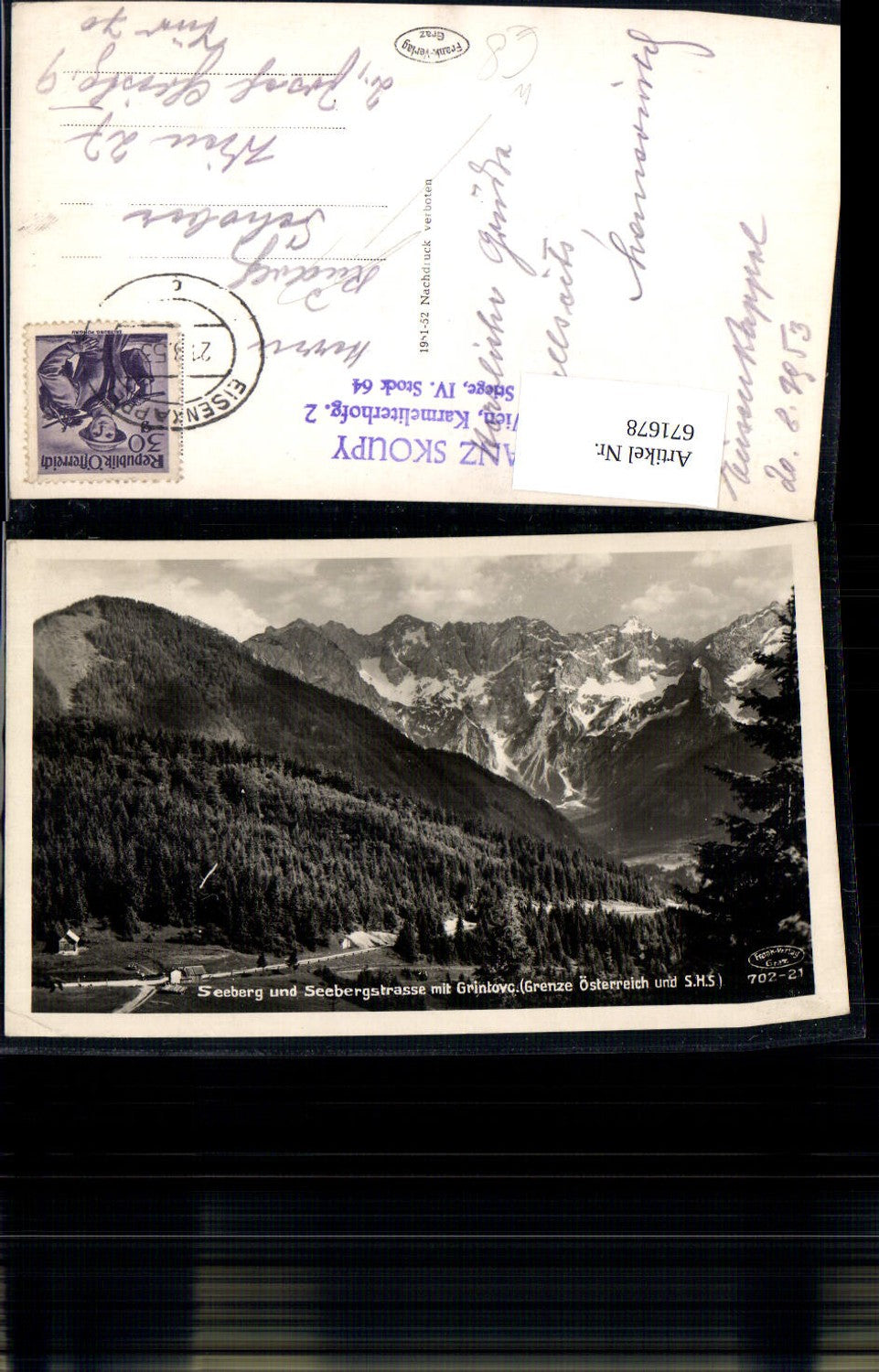 671678,Foto Ak Seeberg u. Seebergstrasse mit Grintovc Eisenkappel