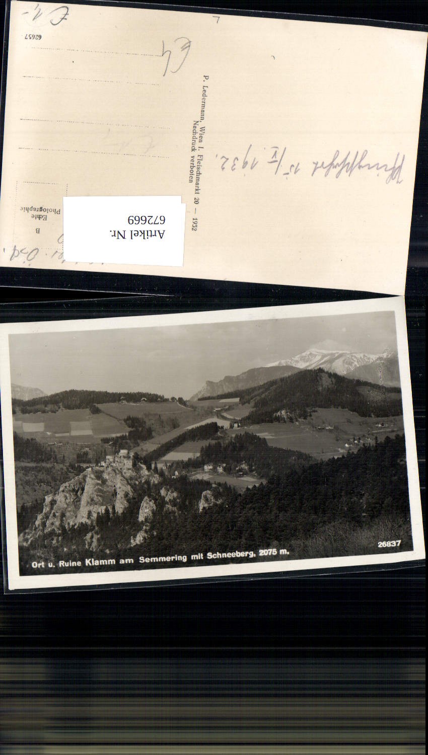 672669,Foto Ak Breitenstein Ort u. Ruine Klamm a. Semmering mit Schneeberg