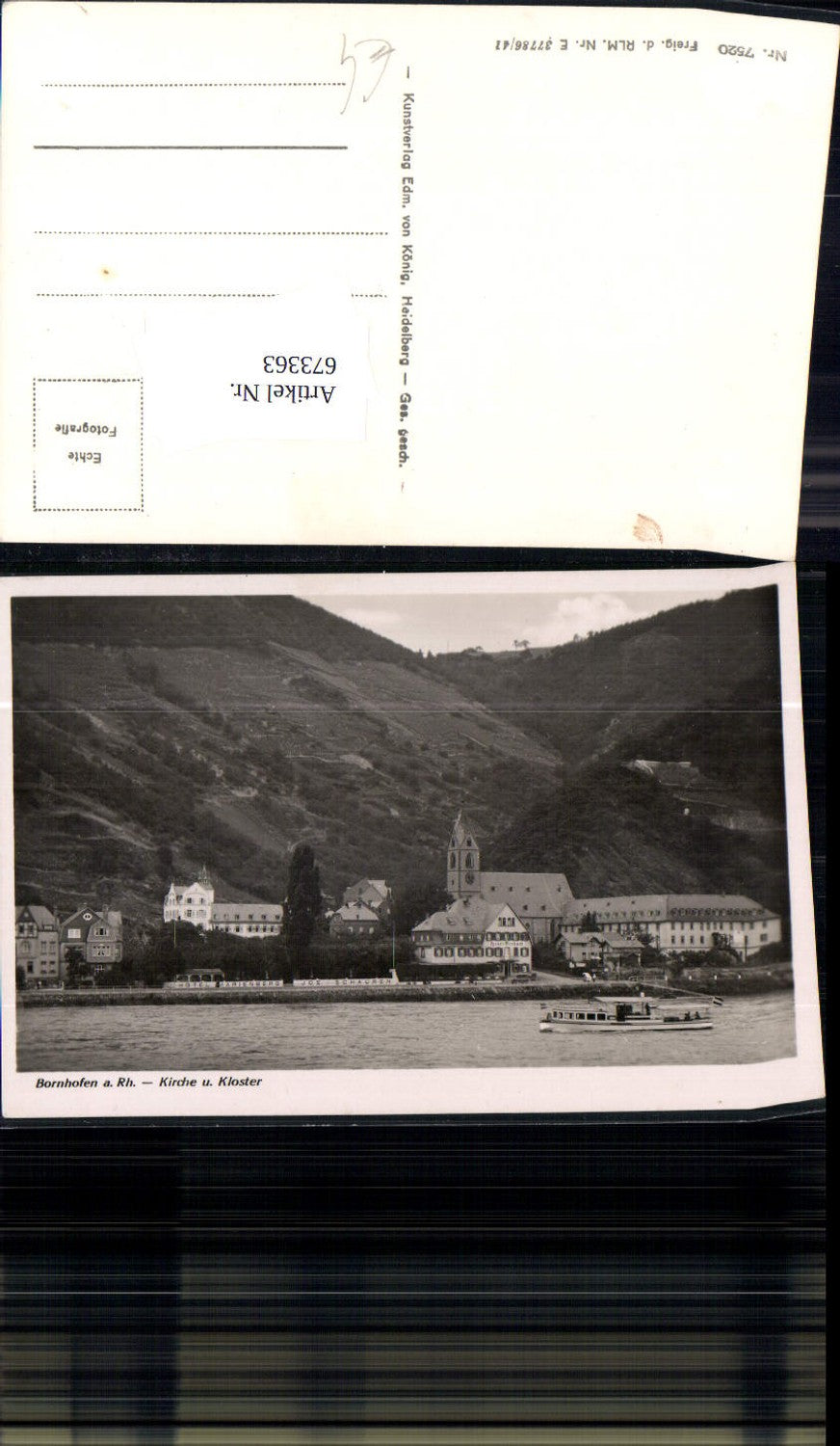 673363,Foto Ak Bornhofen a. Rhein Kirche u. Kloster Schiff Boot