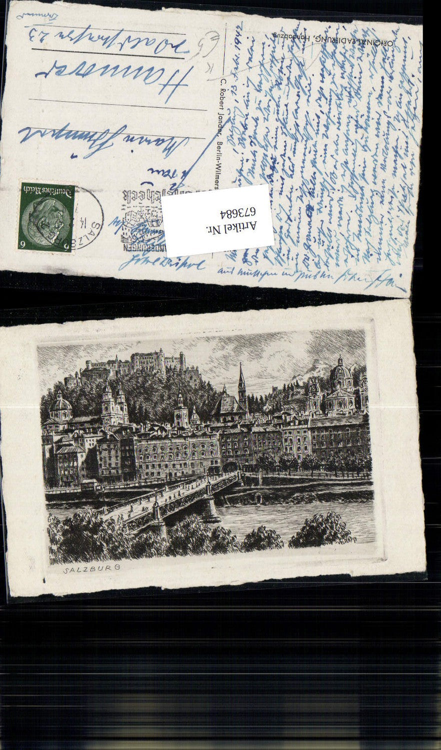 673684,Radierung Salzburg Brücke Originalradierung Handabzug pub Jander Robert