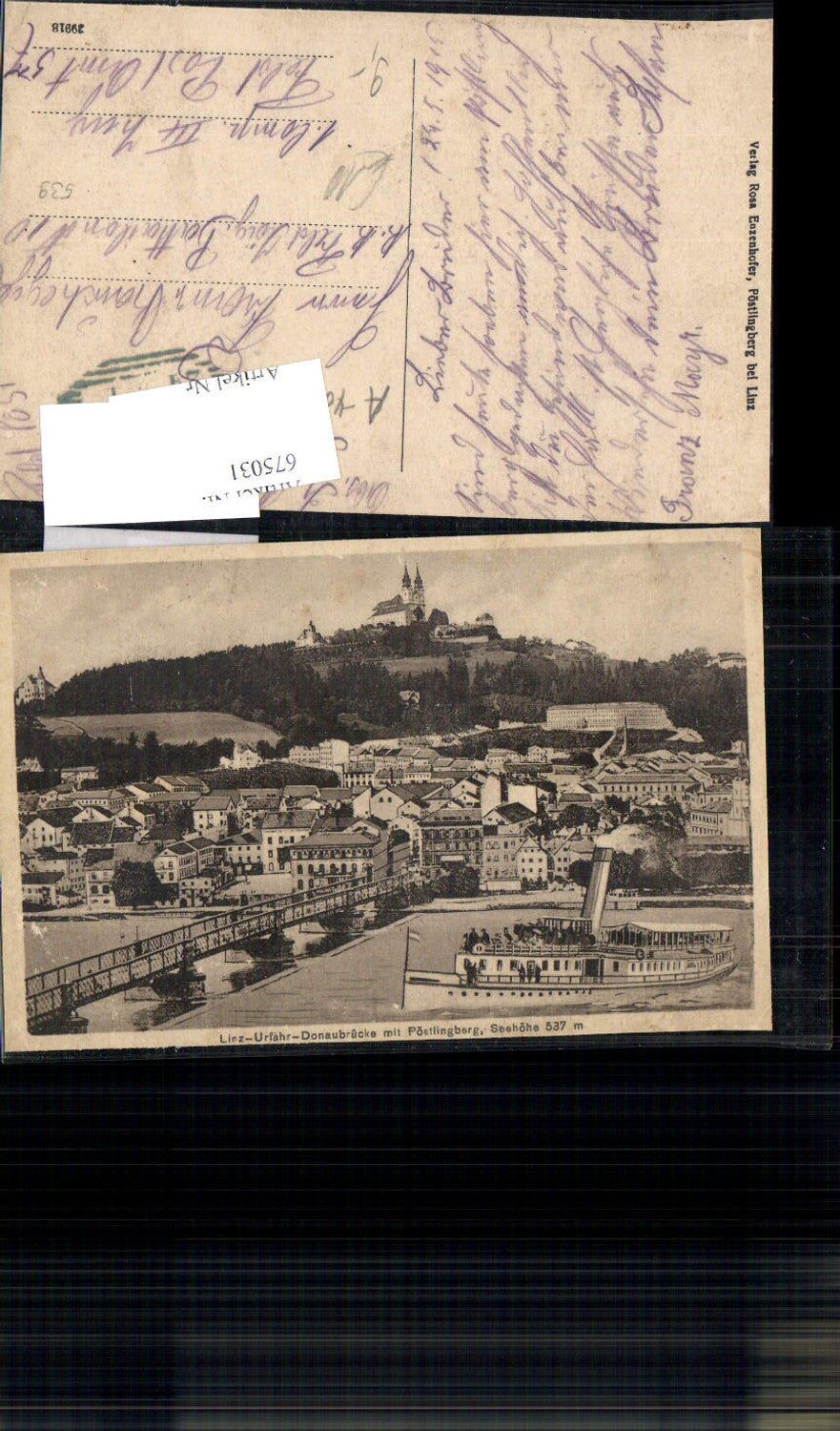 675031,Künstler AK Linz an der Donau Dampfer Urfahr Pöstlingberg