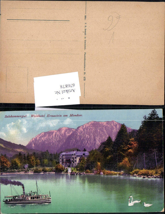 676878,tolle Partie bei Mondsee Waldhotel Kreuzstein Dampfer Schiff pub Brandt 473