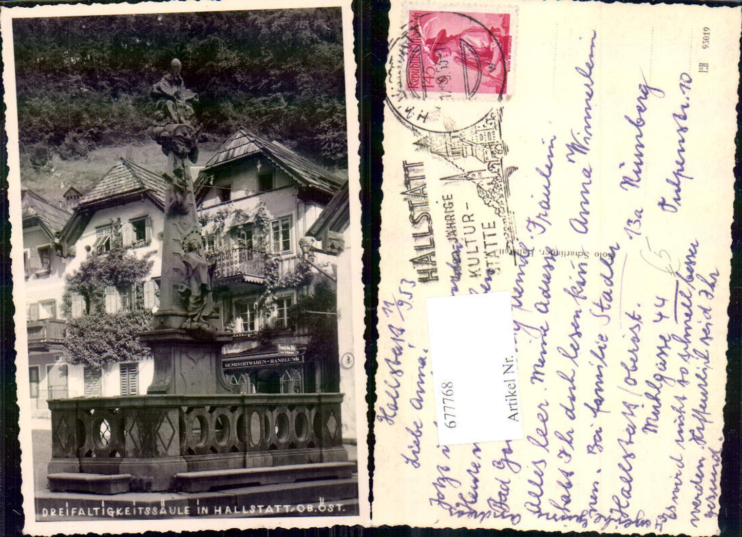 677768 Foto-AK Hallstatt Dreifaltigkeitssäule Gemischtwarenhandlung