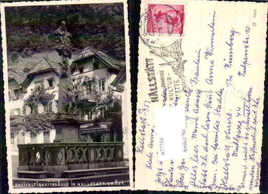 677768 Foto-AK Hallstatt Dreifaltigkeitssäule Gemischtwarenhandlung