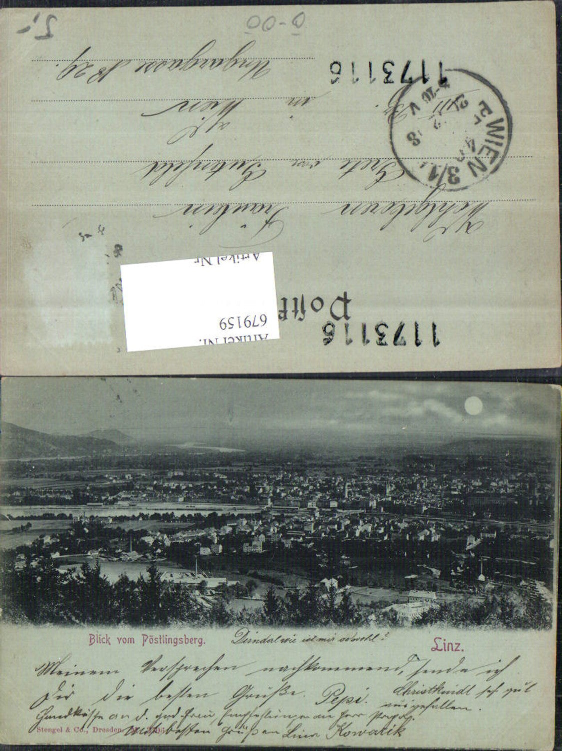 679159 Linz on the Danube Moon Lithograph Pöstlingberg