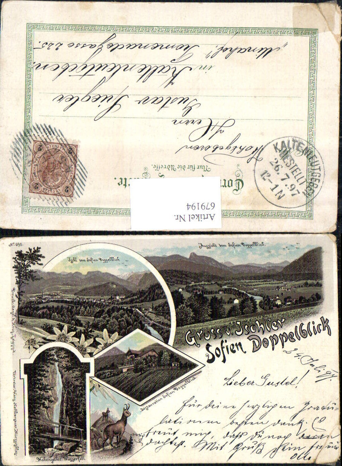 679194 tolle Lithographie Gruss aus Bad Ischl Sofien Doppelblick Restauration pub Regel & Krug 698