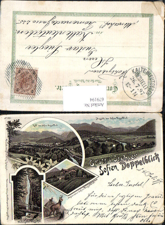 679194 tolle Lithographie Gruss aus Bad Ischl Sofien Doppelblick Restauration pub Regel & Krug 698