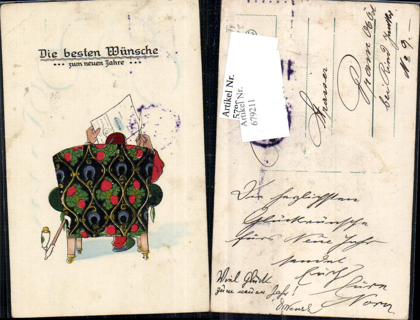 679211 Künstler AK Art Deco Sessel Stuhl Lesen Zeitung Neujahr