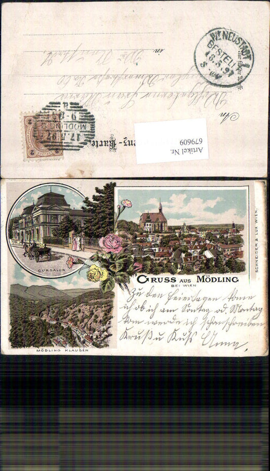 679609 tolle Lithographie Gruss aus Mödling bei Wien Cursalon Klausen pub Schneider & Lux