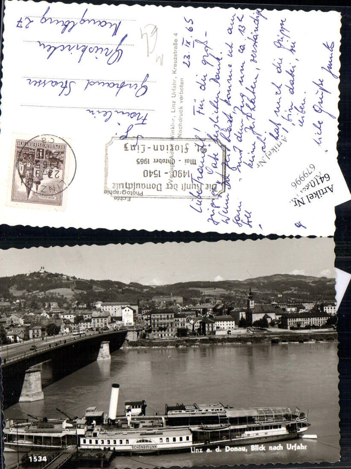 679996 Linz an der Donau Dampfer Schönbrunn m. Urfahr Brücke Schiff