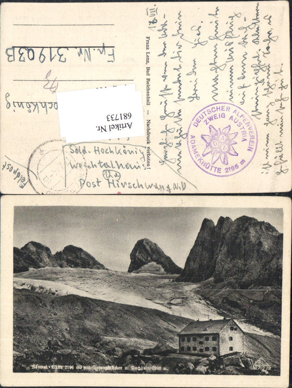 681733 Adamekhütte bei Gosau Feldpost Weichtalhaus Hirschwang