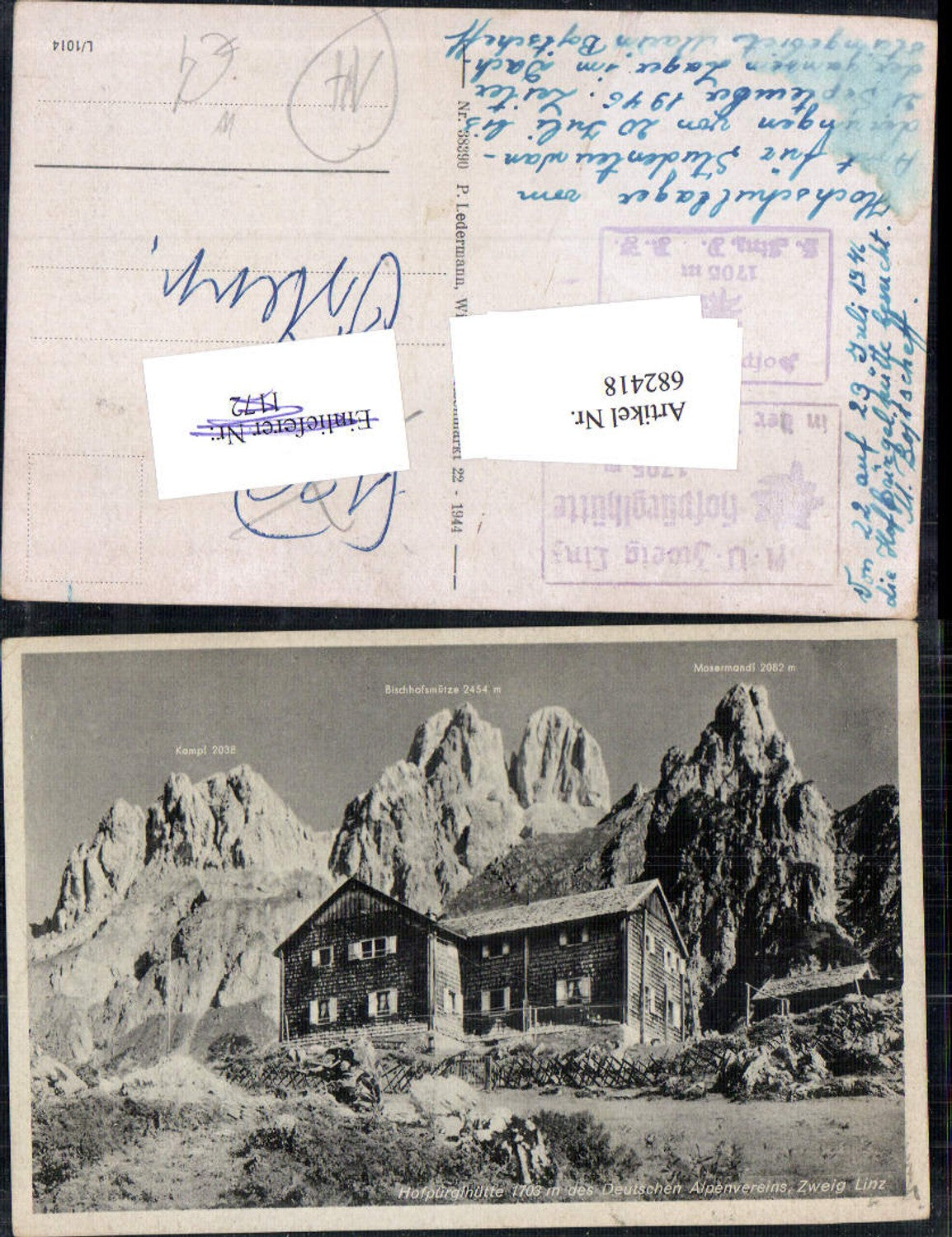 682418 Hofpürglhütte b. Gosau Bischofsmütze Mosermandl Hüttenstempel Stempel