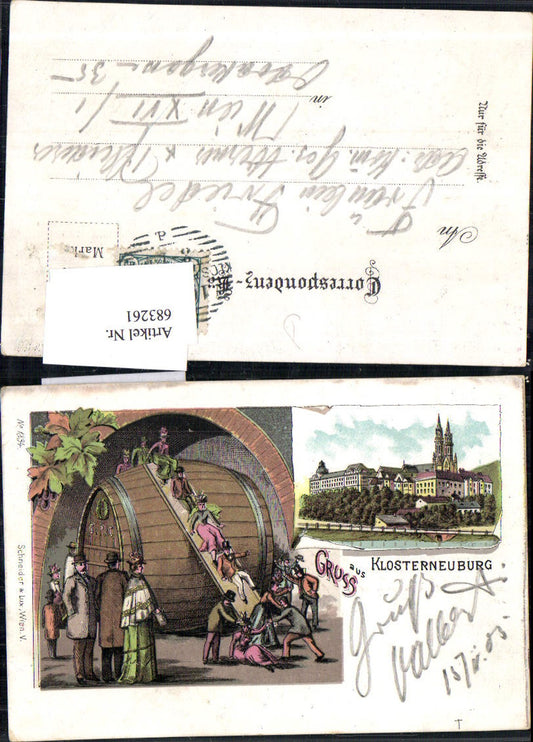 683261 seltene Lithographie Gruss aus Klosterneuburg Weinfass Fass Wein pub Schneider & Lux 1834