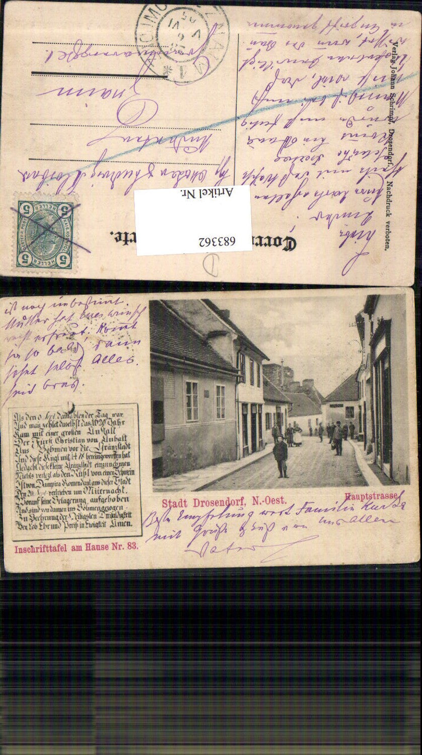 683362 seltene AK Drosendorf an der Thaya Hauptstraße Inschrifttafel Haus Nr. 83